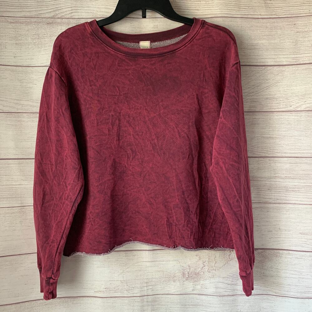 Love Vintage Acid WAsh Cropped Sweatshirt Burgundy Pullover Raw Hem Size Small